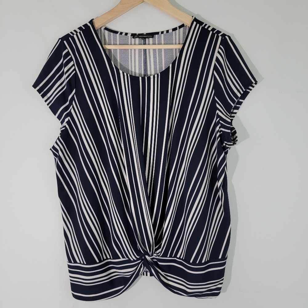 Adrianna Papell Navy and White Striped Knot-Front Top EUC